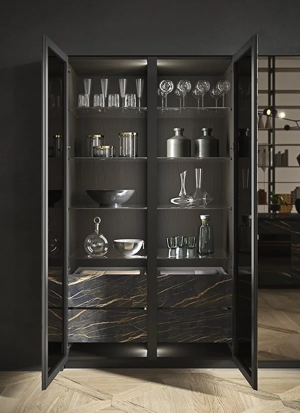 Antares Cucine SKILL FRAME Italian black marble and glass display cabinet with interior lighting and glassware, open view, Paphos Cyprus – ArkNova Interiors