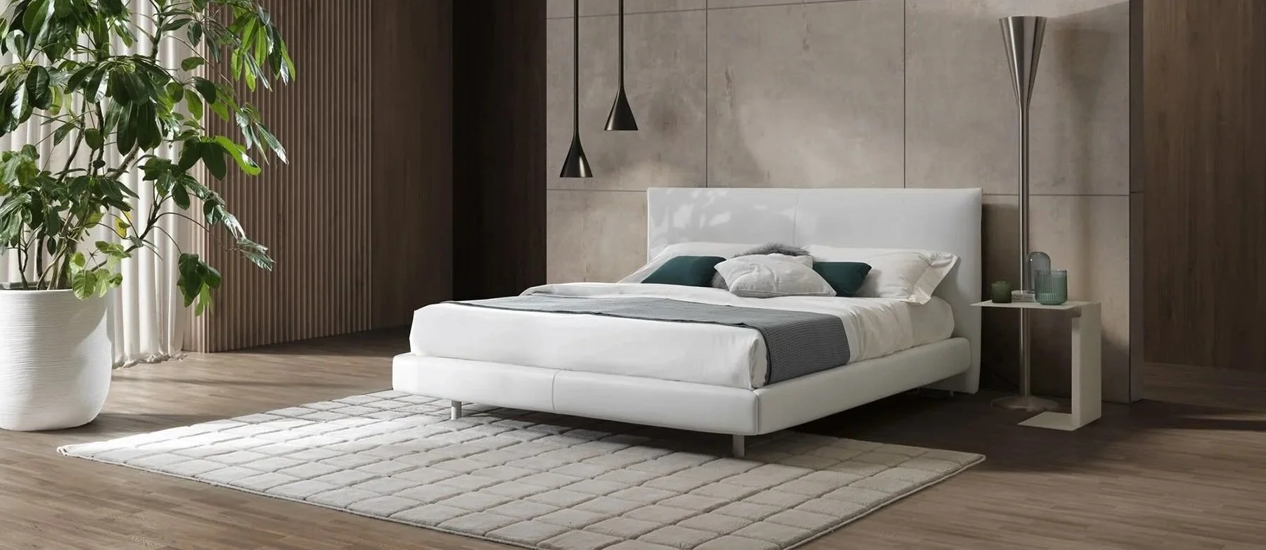 Albani Divani Nicholas white leather upholstered bed with a sleek designer headboard, custom-built for high-end master suites by ArkNova Interiors in Paphos and across Cyprus.
