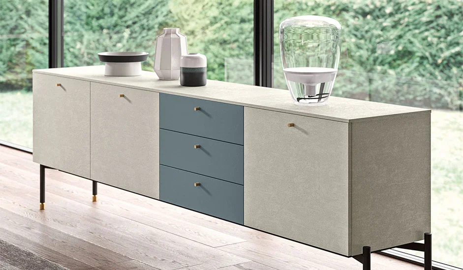 Italian Cinquepuntozero BK07 modern beige and blue sideboard with textured finish at ArkNova Interiors Paphos showroom in Cyprus