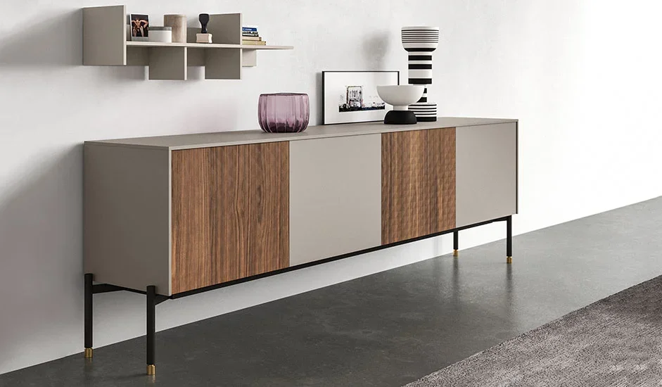 Italian Cinquepuntozero BK01 modern wood and grey sideboard with floating design at ArkNova Interiors Paphos showroom in Cyprus