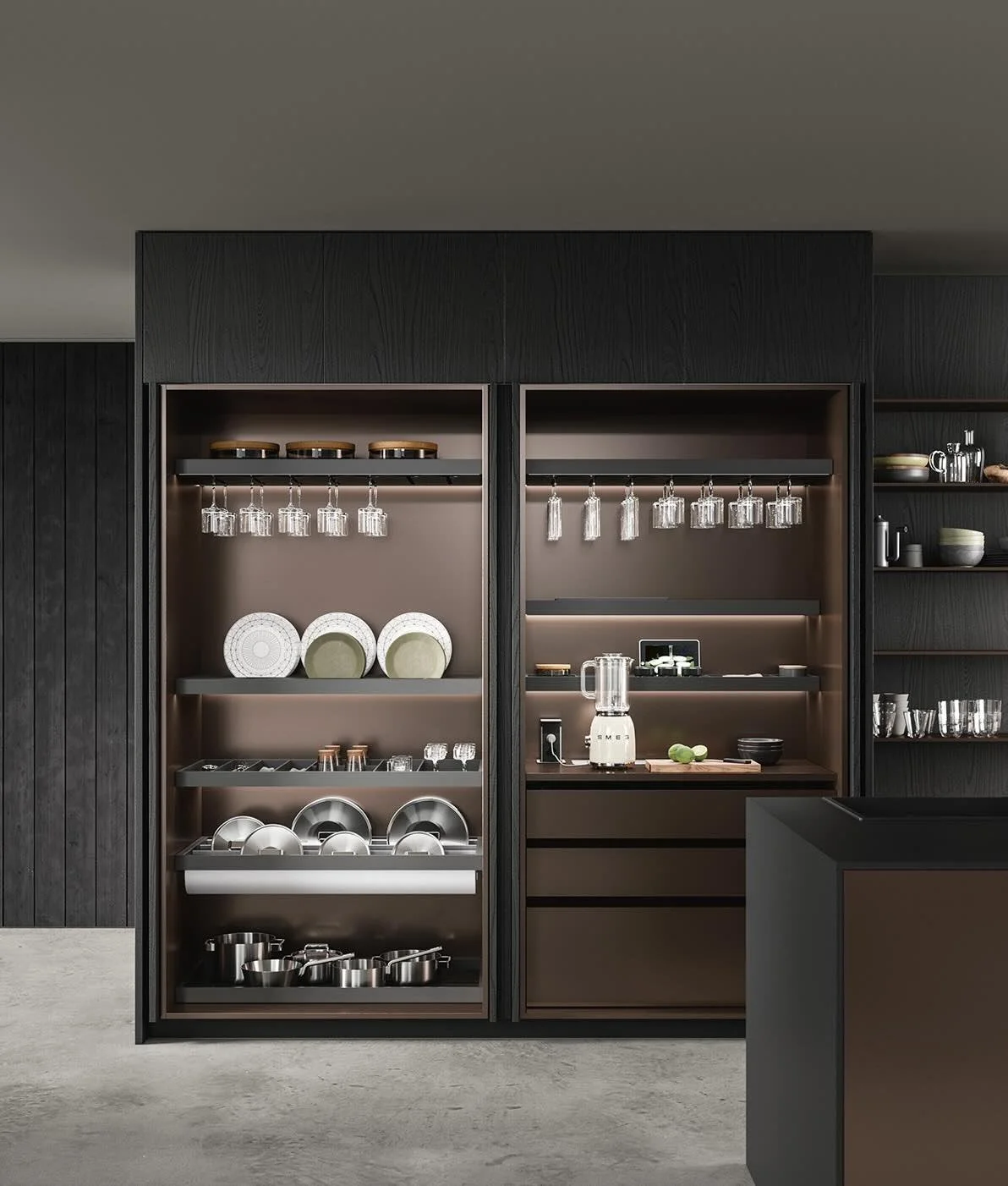 Antares Cucine AS10 EASY PLUS Italian kitchen open dark wood cabinets displaying dinnerware, cookware and SMEG blender, Paphos Cyprus by ArkNova Interiors
