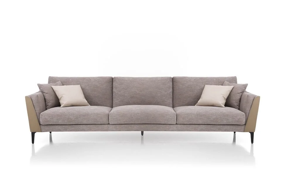 Albani Divani Alfred Italian light gray three-seater sofa with back pillows, refined design at ArkNova Interiors Paphos showroom in Cyprus