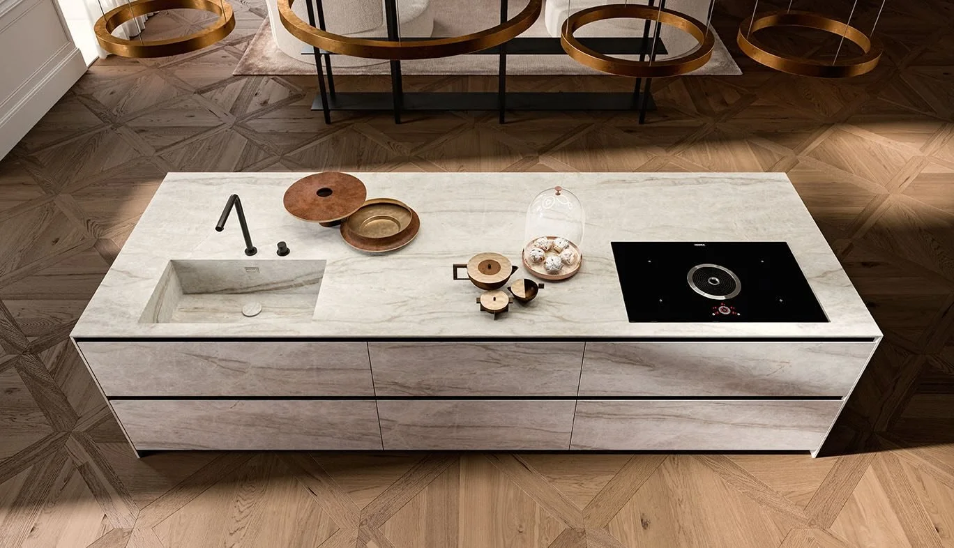 Antares Cucine Skill Frame Italian kitchen island top view with marble surface and integrated hob, available at ArkNova Interiors Cyprus