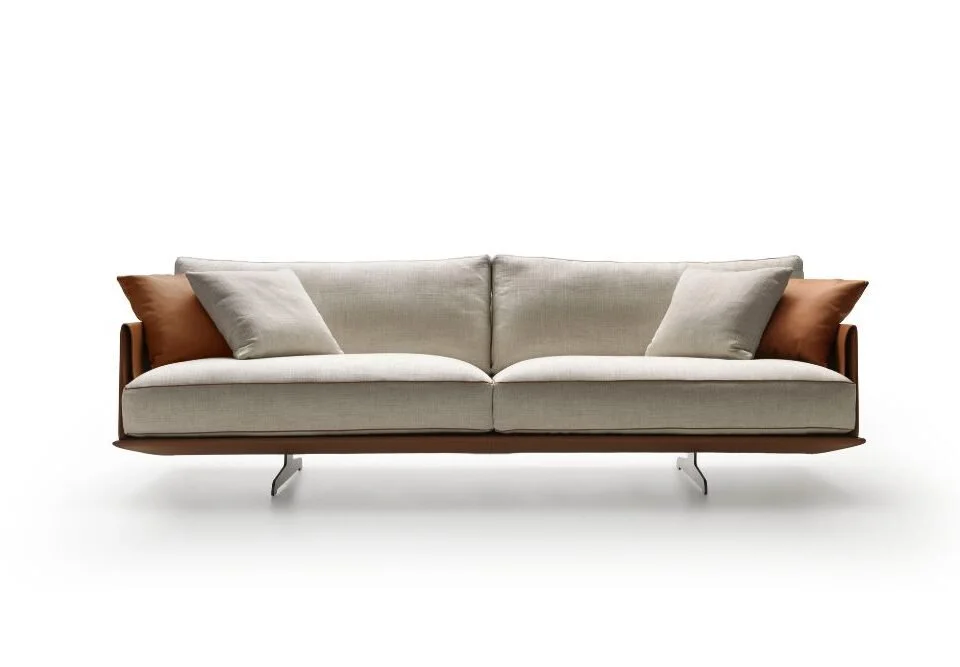 Albani Divani Moreno Full Italian beige three-seater sofa with wood accents, modern design at ArkNova Interiors Paphos showroom in Cyprus