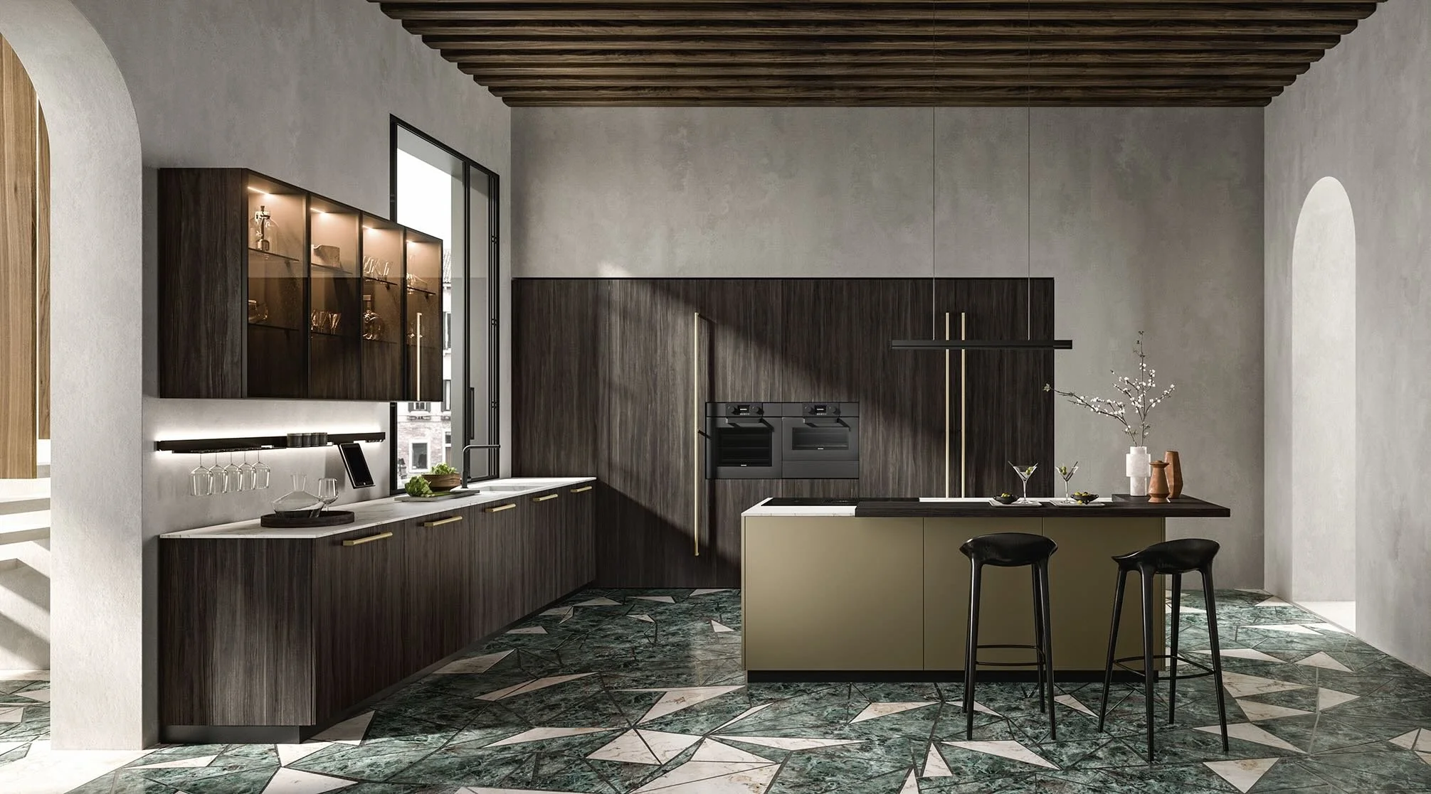 Antares Cucine MK18_M Italian modern kitchen with dark wood island, beige base cabinets, gold handles and illuminated display cabinets under wood ceiling at ArkNova Interiors in Paphos Cyprus