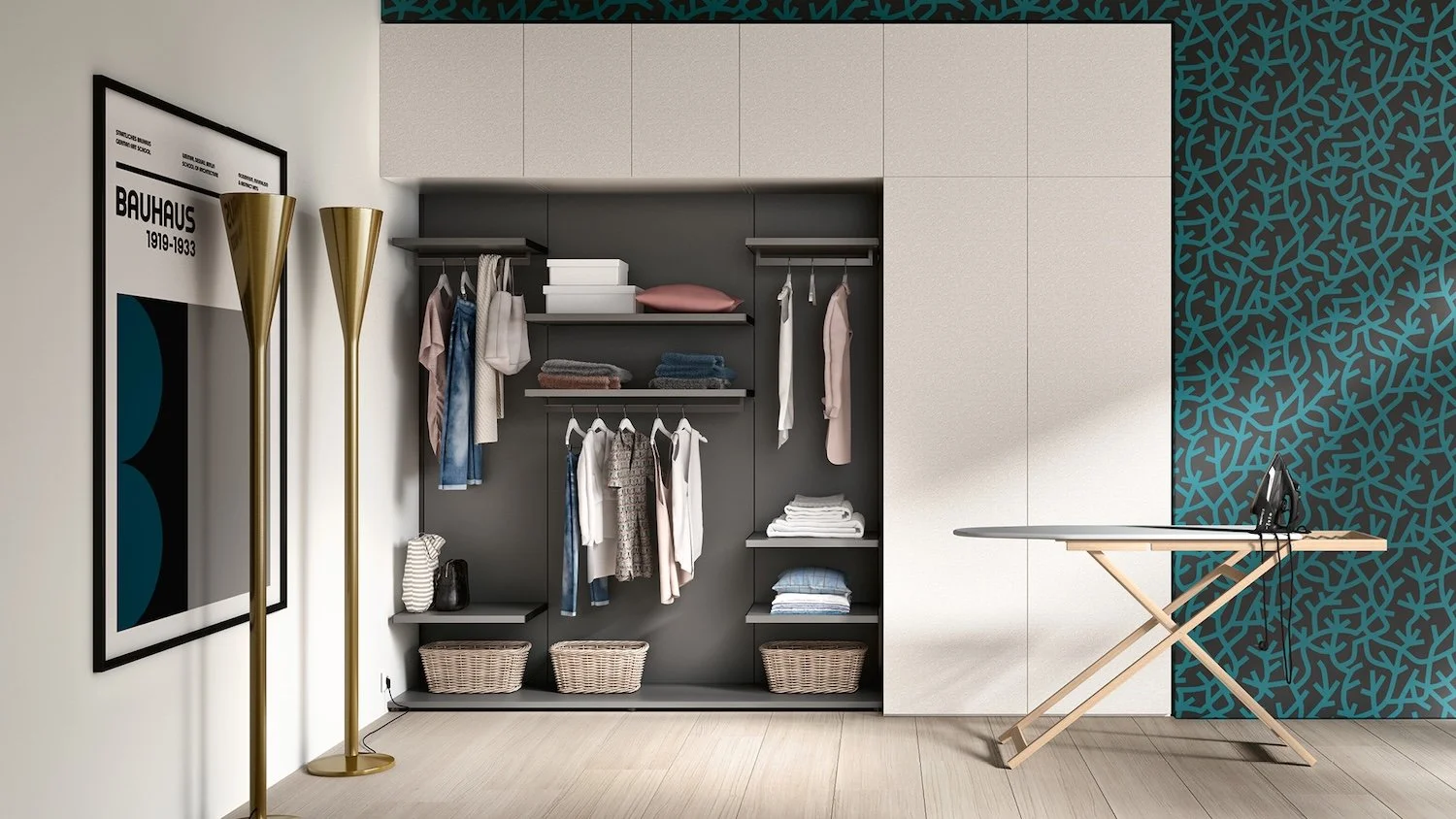 Italian Siloma dedicated ironing room wardrobe with hanging space and practical storage at ArkNova Interiors Paphos Cyprus