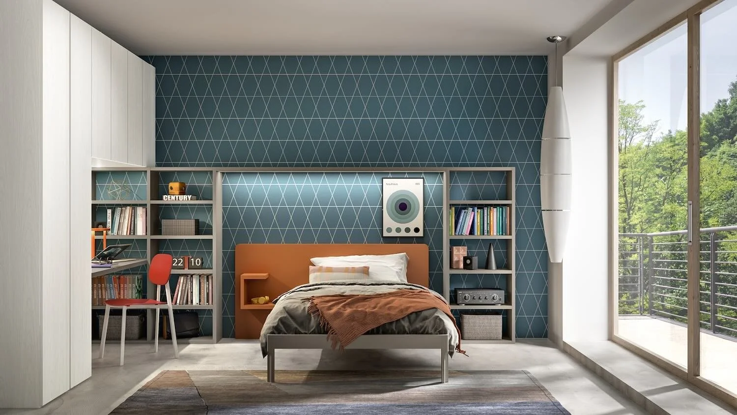 Italian Siloma Set Y09 industrial-style young bedroom with concrete wall, wood elements and yellow bedding at ArkNova Interiors Paphos Cyprus