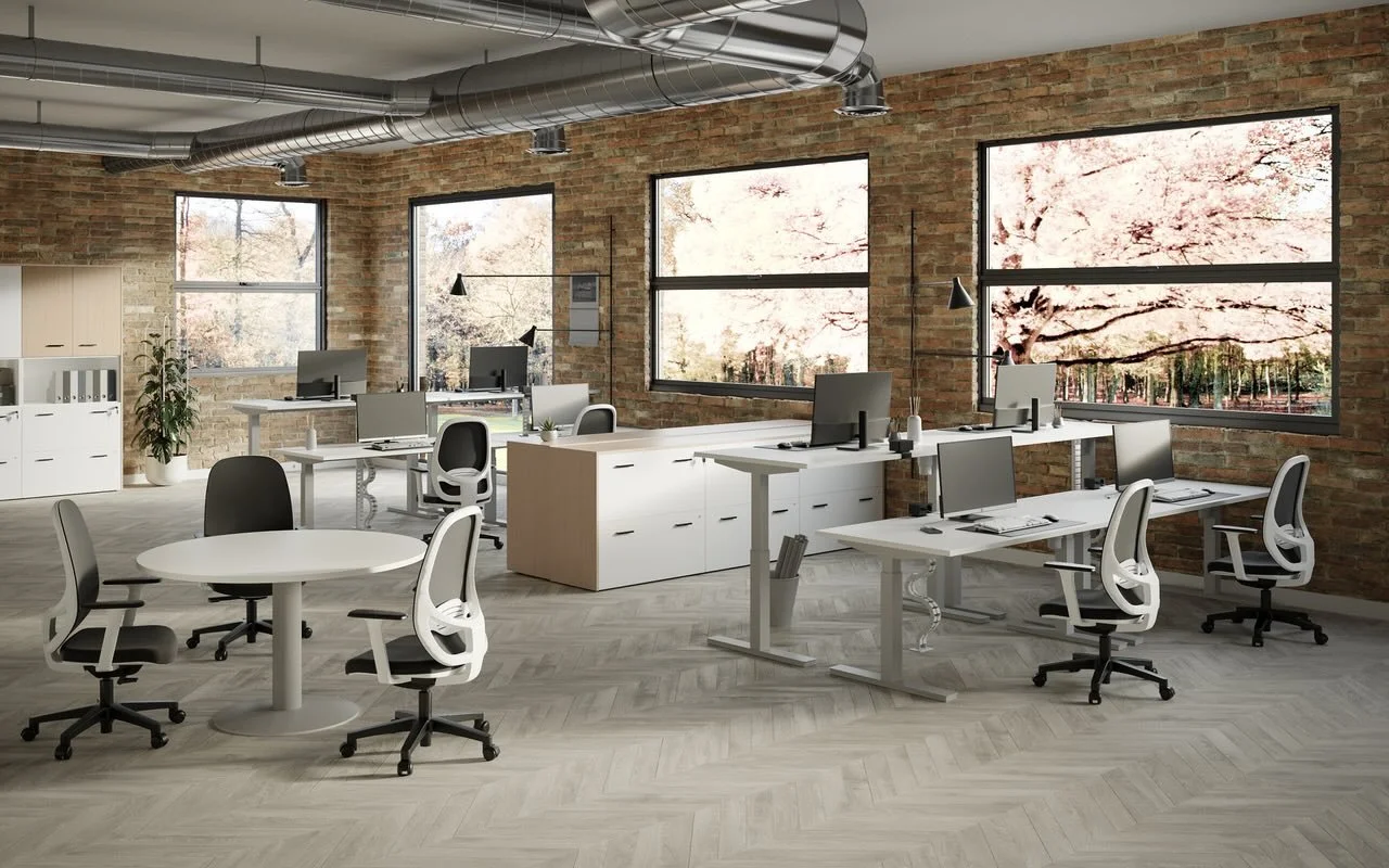 Italian Red Exclusive Design IORC-3 modern open-plan office with ergonomic chairs and height-adjustable desks at ArkNova Interiors Paphos showroom in Cyprus