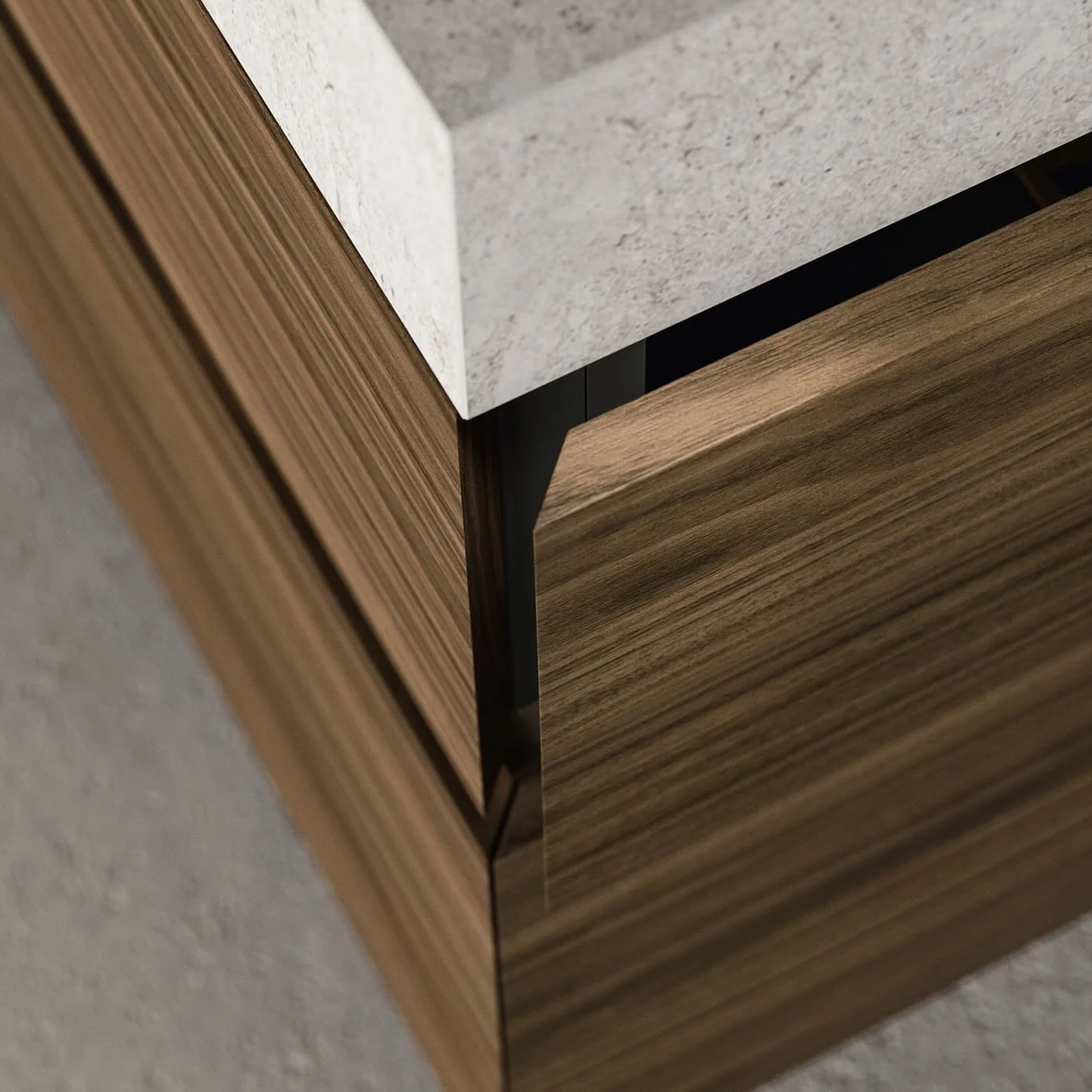 Antares Cucine Sistema Italian kitchen drawer detail in walnut wood with stone worktop, available at ArkNova Interiors Cyprus