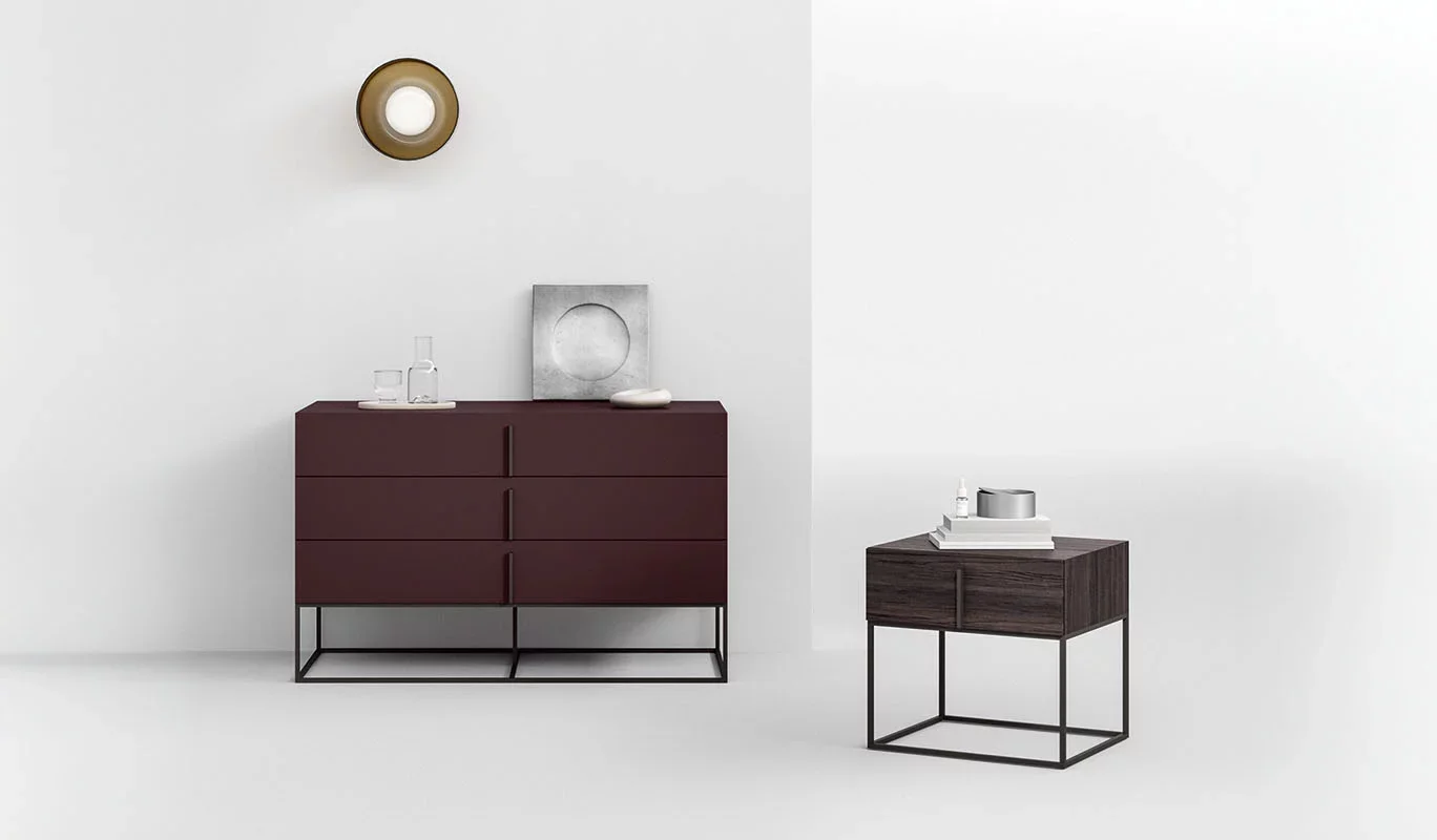 Italian Cinquepuntozero Levita modern maroon and wood bedroom dresser and nightstand at ArkNova Interiors Paphos showroom in Cyprus
