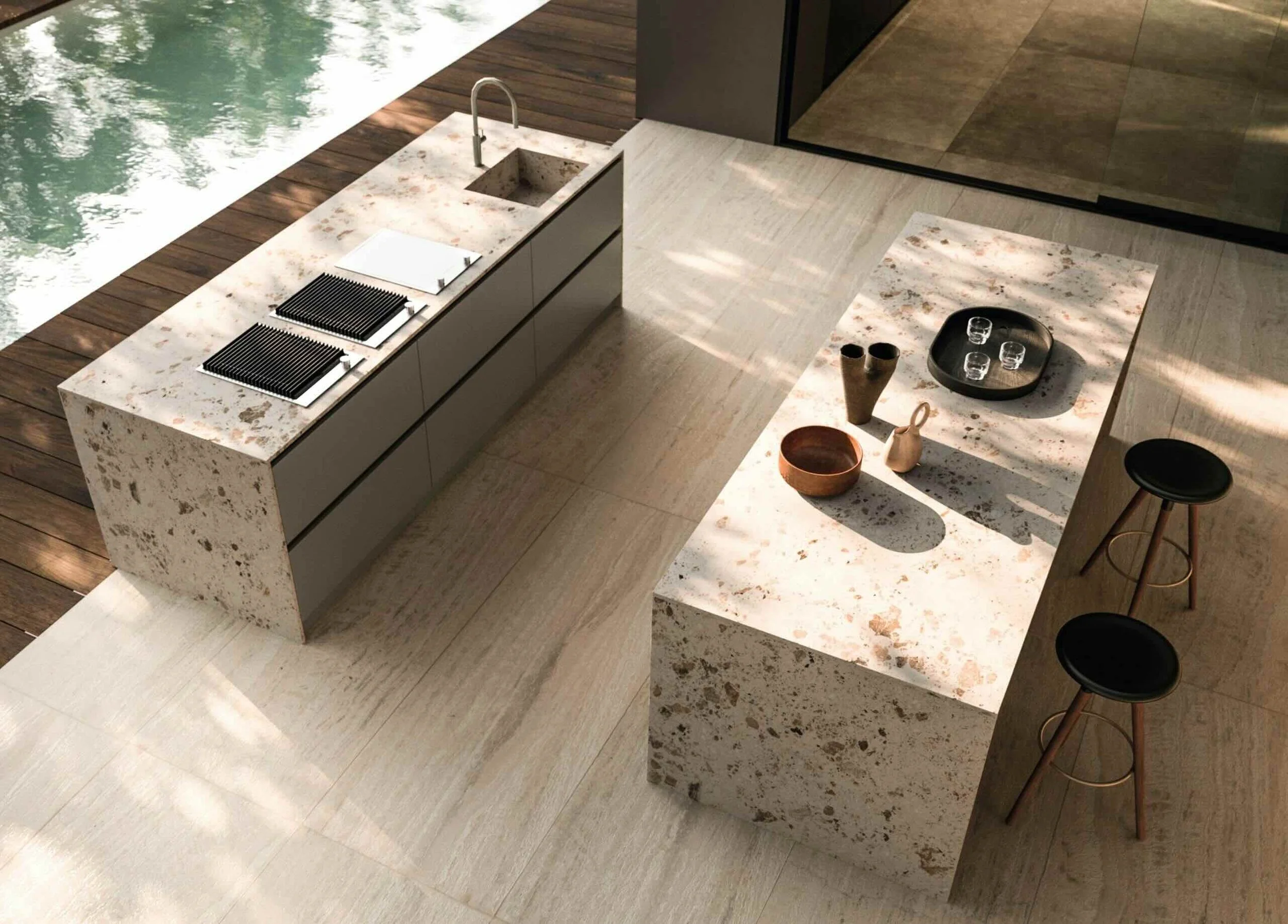 Antares Cucine Alluminio Outdoor Italian outdoor kitchen top view with cooking and dining islands, available at ArkNova Interiors Cyprus