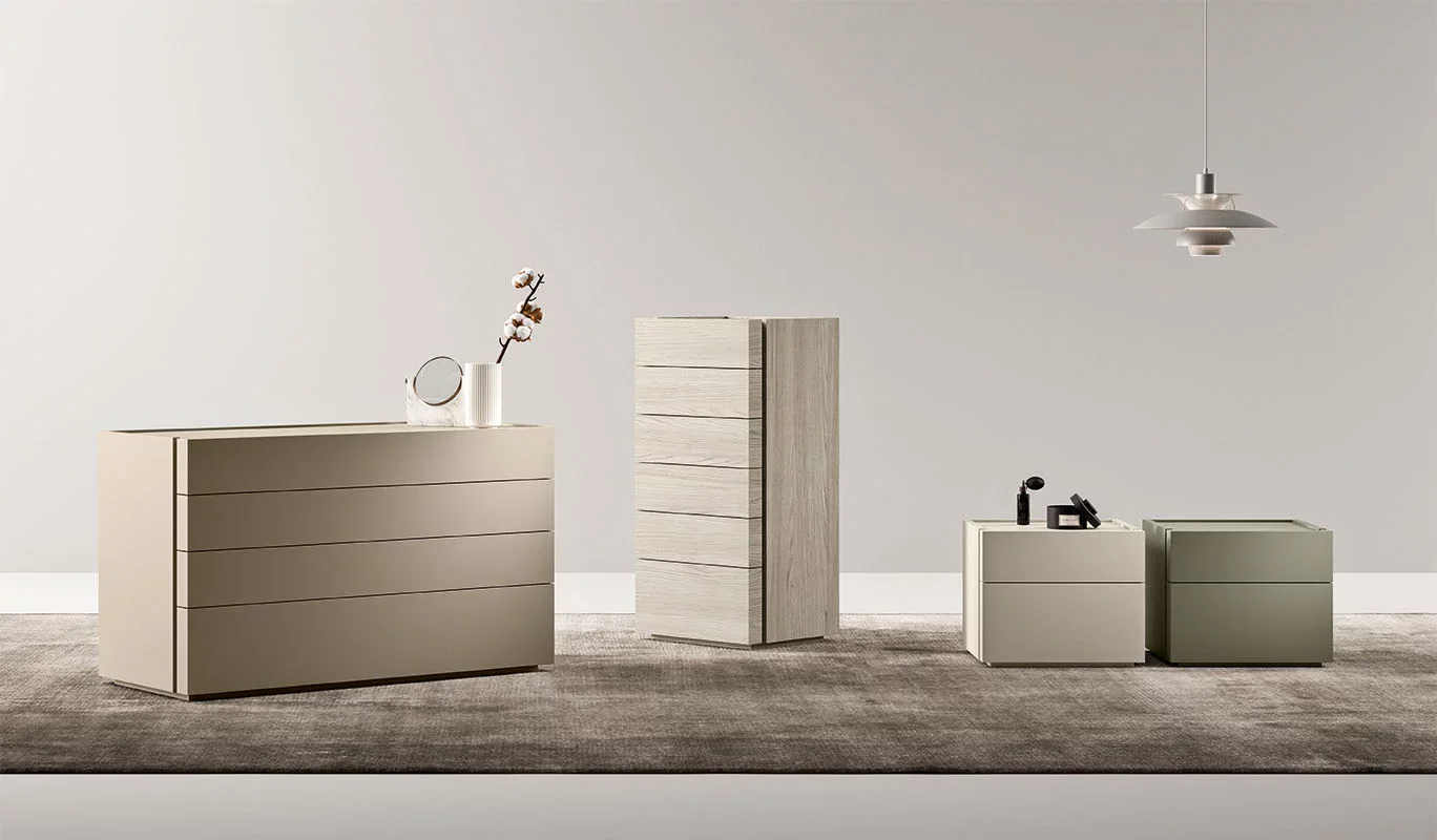 Italian Cinquepuntozero Filo modern beige bedroom dresser and tall chest set at ArkNova Interiors Paphos showroom in Cyprus