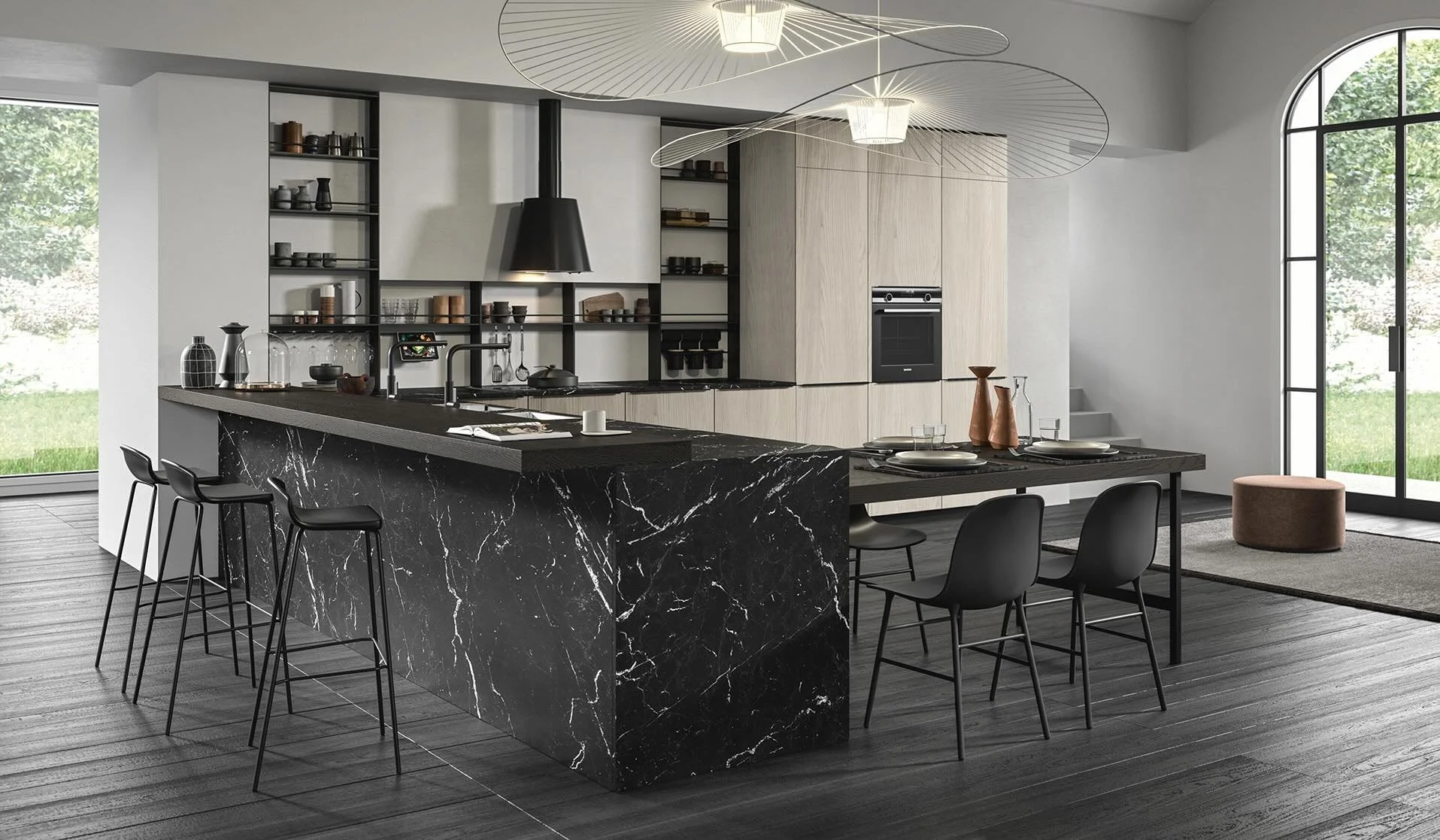 Antares Cucine MK18_L Italian modern kitchen with large black marble island, bar stools, adjacent dining table and sculptural pendant light at ArkNova Interiors in Paphos Cyprus