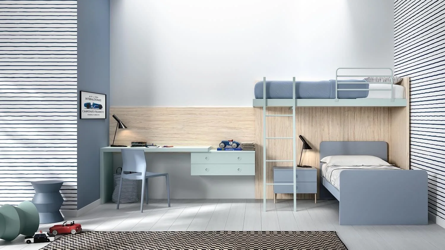 Italian Siloma Set K21 young bedroom in pink with loft bed and integrated desk at ArkNova Interiors Paphos showroom in Cyprus
