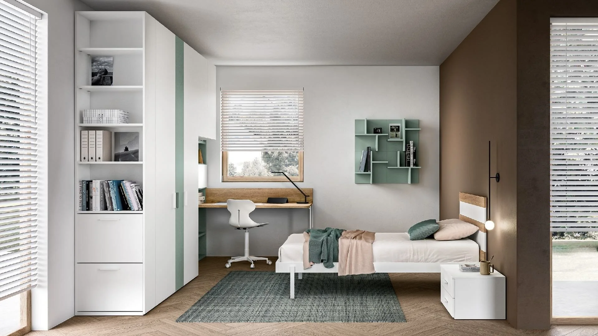 Siloma Set K01 Italian kids bedroom with white and green wardrobe, desk and single bed – ArkNova Interiors Cyprus