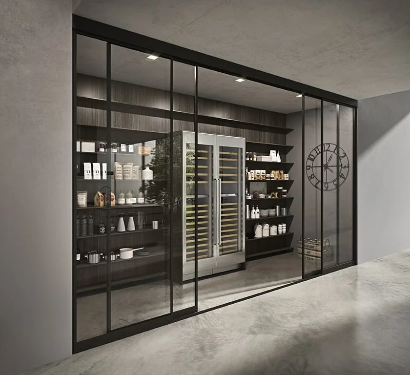 Antares Cucine MOOD Italian kitchen pantry with glass sliding doors, open shelving and integrated wine cooler in Paphos, Cyprus by ArkNova Interiors