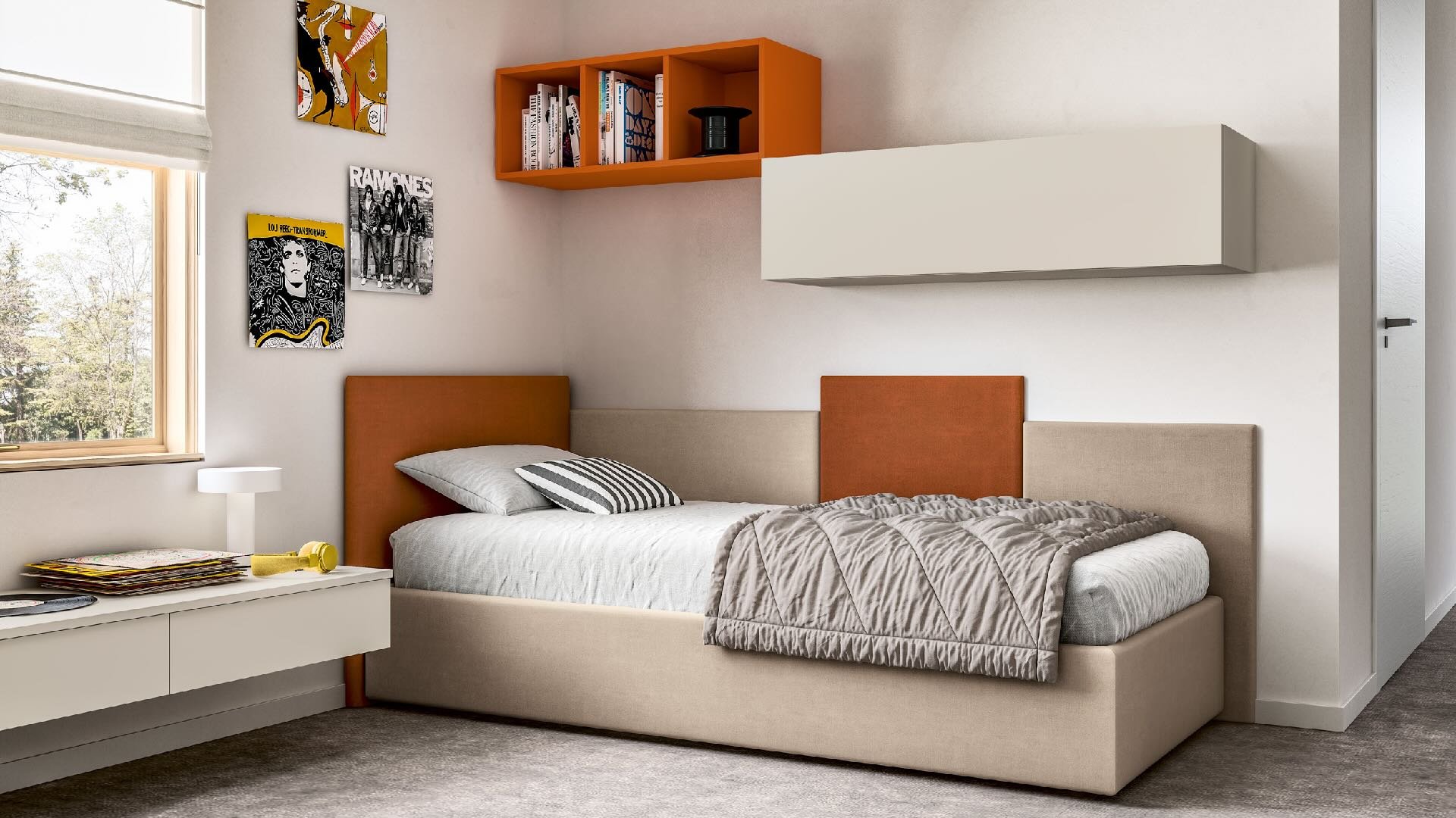 Siloma Set K03 Italian kids bedroom with orange and beige upholstered headboard – ArkNova Interiors Cyprus