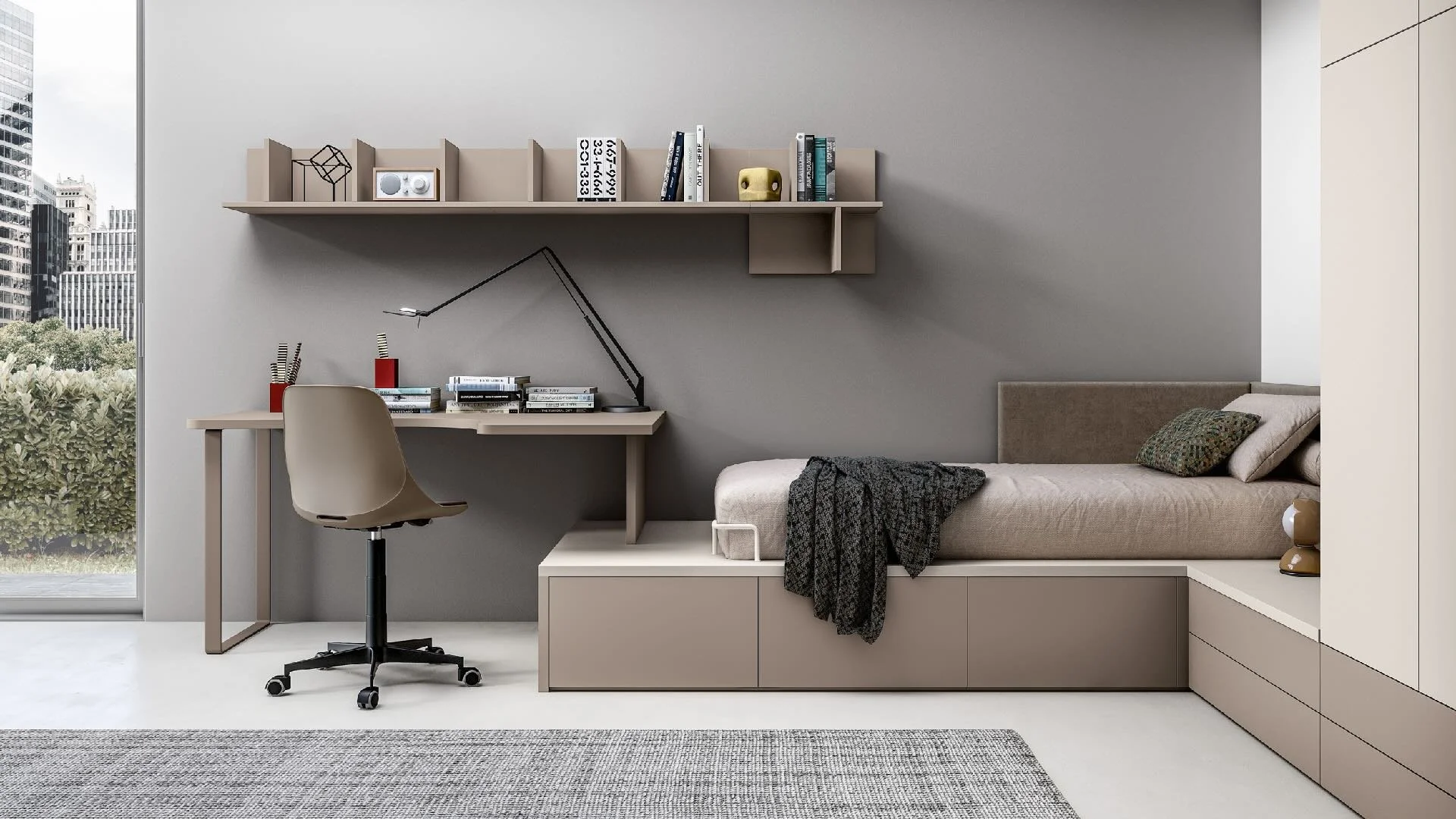 Siloma Set Y02 Italian kids bedroom featuring platform bed with storage drawers and study desk – ArkNova Interiors Cyprus
