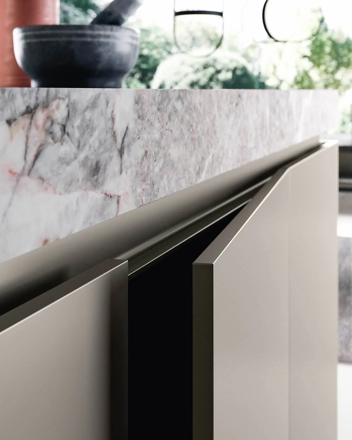 Antares Cucine LIGHT Italian handleless kitchen cabinet with marble countertop edge detail in Paphos Cyprus by ArkNova Interiors