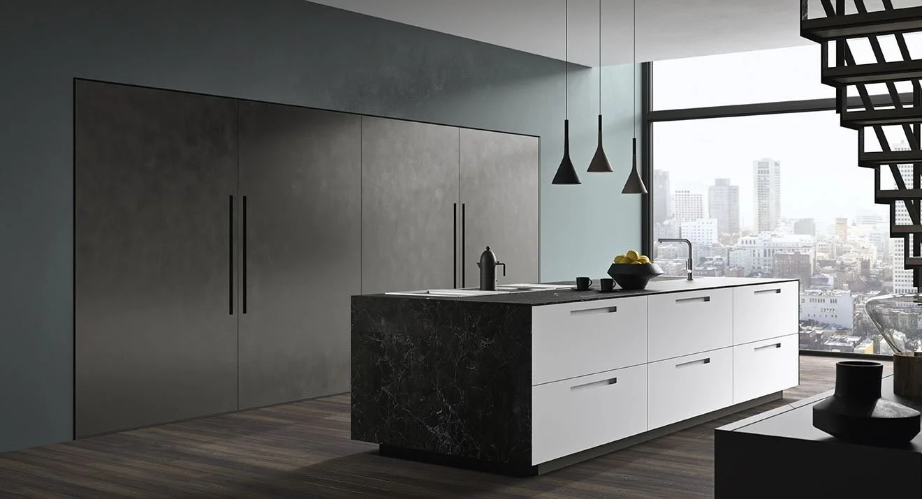 Antares Cucine AS10 CITY Italian design kitchen island in black marble with white drawers, dark wall cabinetry and panoramic city view in Paphos, Cyprus by ArkNova Interiors