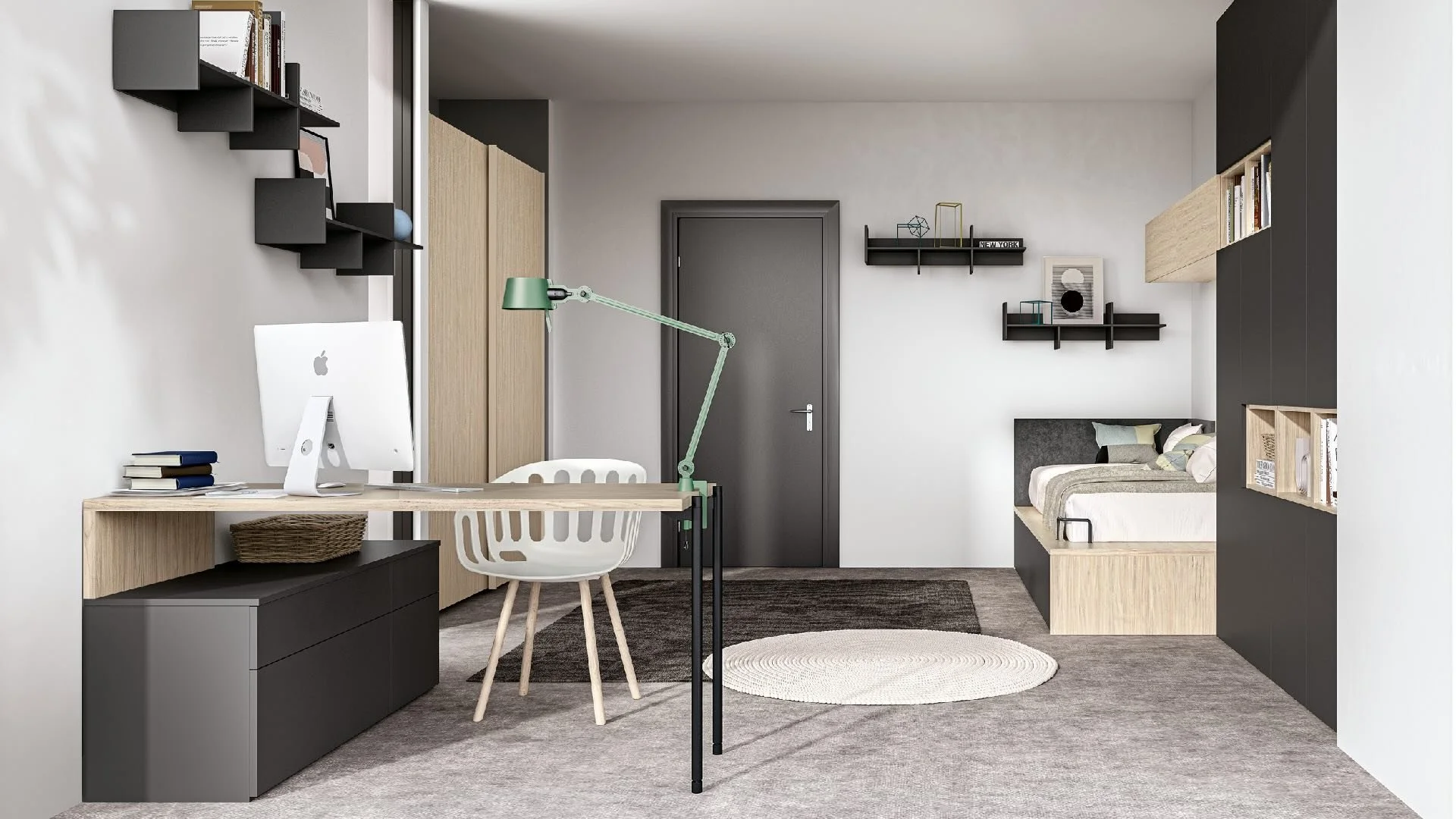 Siloma Set Y04 Italian kids bedroom with large study desk, wall shelves and single bed – ArkNova Interiors Cyprus