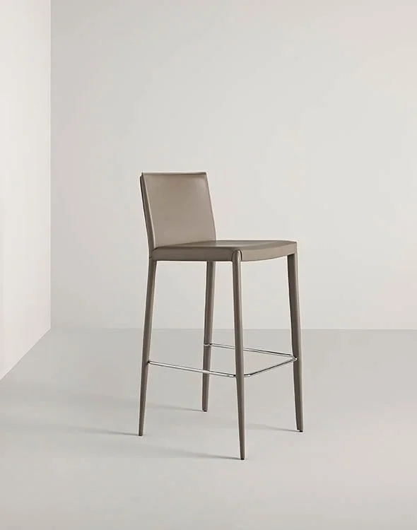 Frag Lilly B Italian beige leather bar stool with backrest and chrome footrest at ArkNova Interiors Paphos showroom in Cyprus