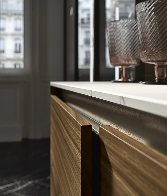Antares Cucine AK14 Italian wooden cabinetry with white marble countertop detail, shown in Paphos Cyprus by ArkNova Interiors