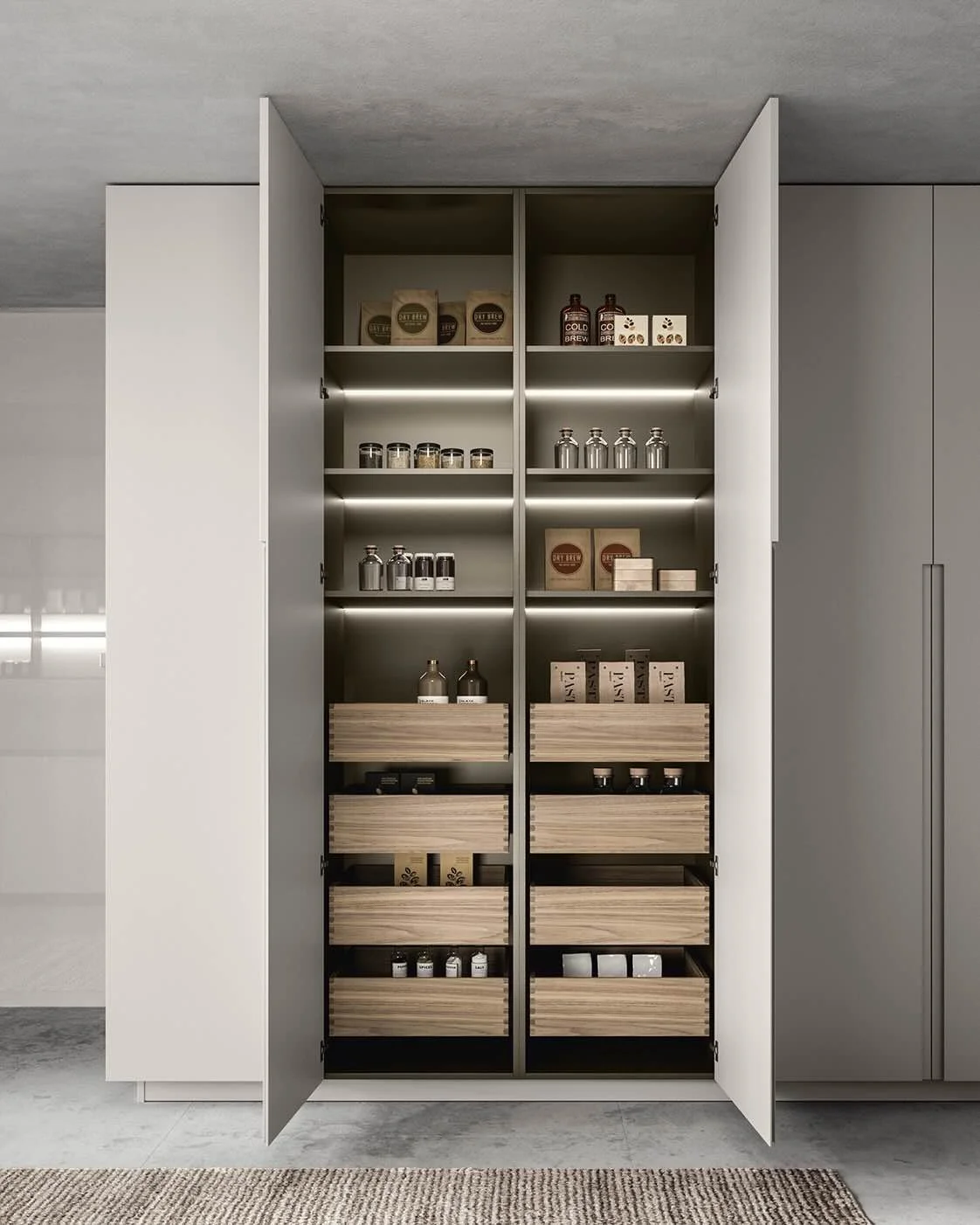 Antares Cucine TK 22 Line Italian open tall pantry cabinet with wood drawers, illuminated shelves and organized storage in Paphos Cyprus by Arknova Interiors