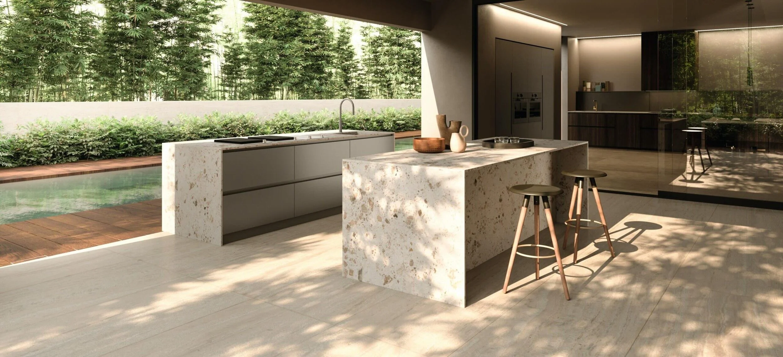 Antares Cucine Alluminio Outdoor Italian outdoor kitchen with stone island and bar stools by the pool, available at ArkNova Interiors Cyprus