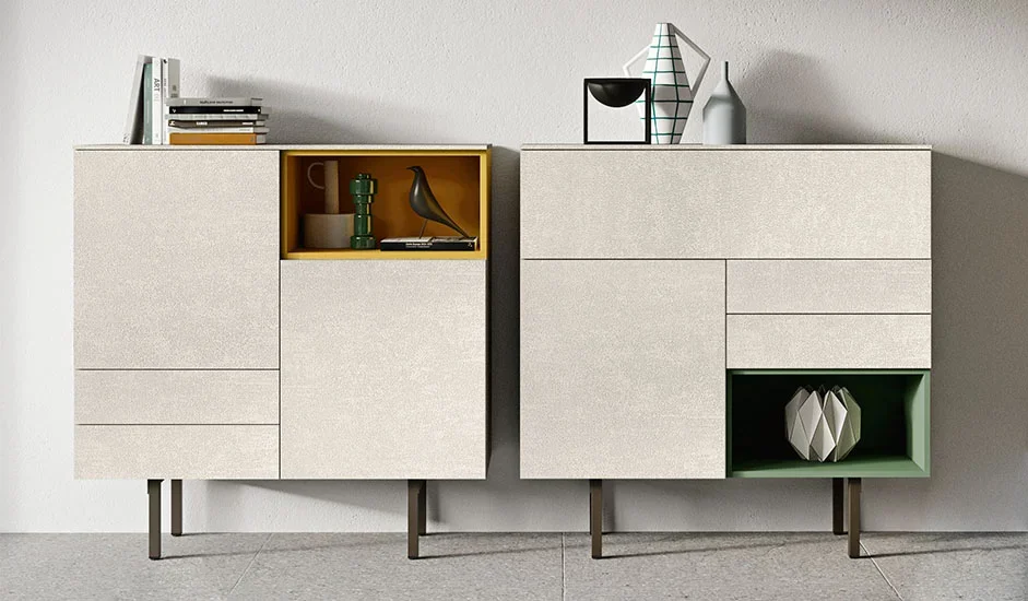 Italian Cinquepuntozero BK04 modern two-tone sideboard with yellow and green open niches at ArkNova Interiors Paphos showroom in Cyprus
