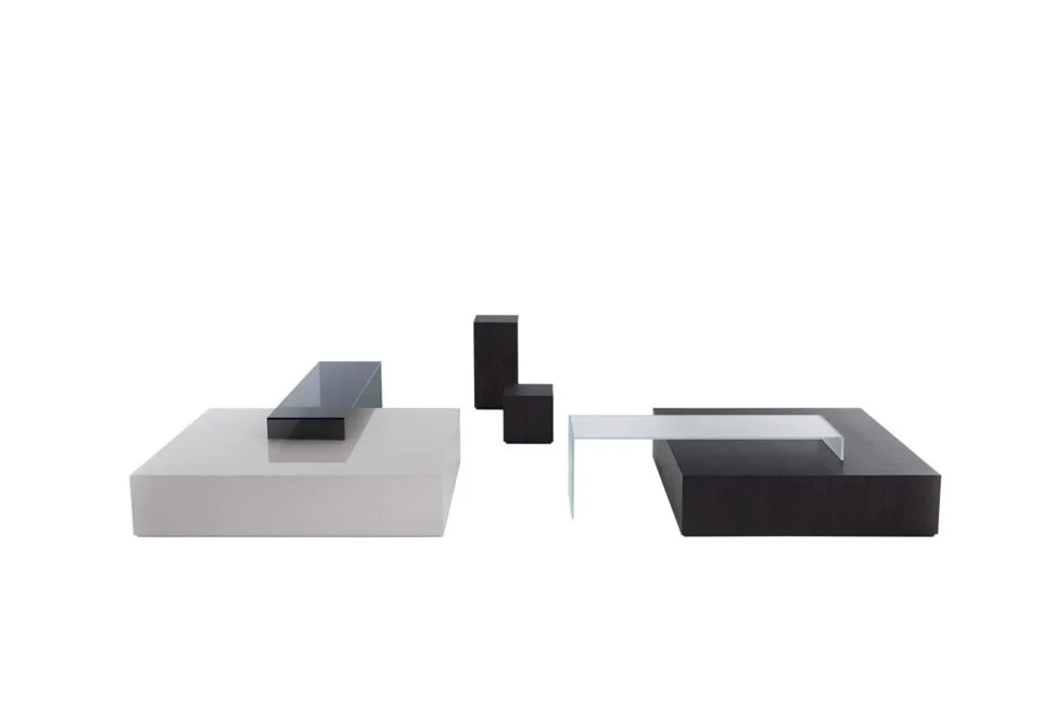 Albani Divani I Regoli Italian modular low coffee tables in white and dark wood with glass elements at ArkNova Interiors Paphos showroom in Cyprus