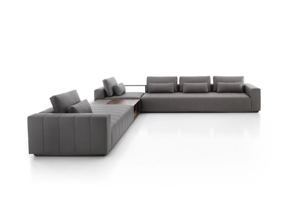 Albani Divani New Soul Italian gray large L-shaped sectional sofa with wood console, modern design at ArkNova Interiors Paphos showroom in Cyprus
