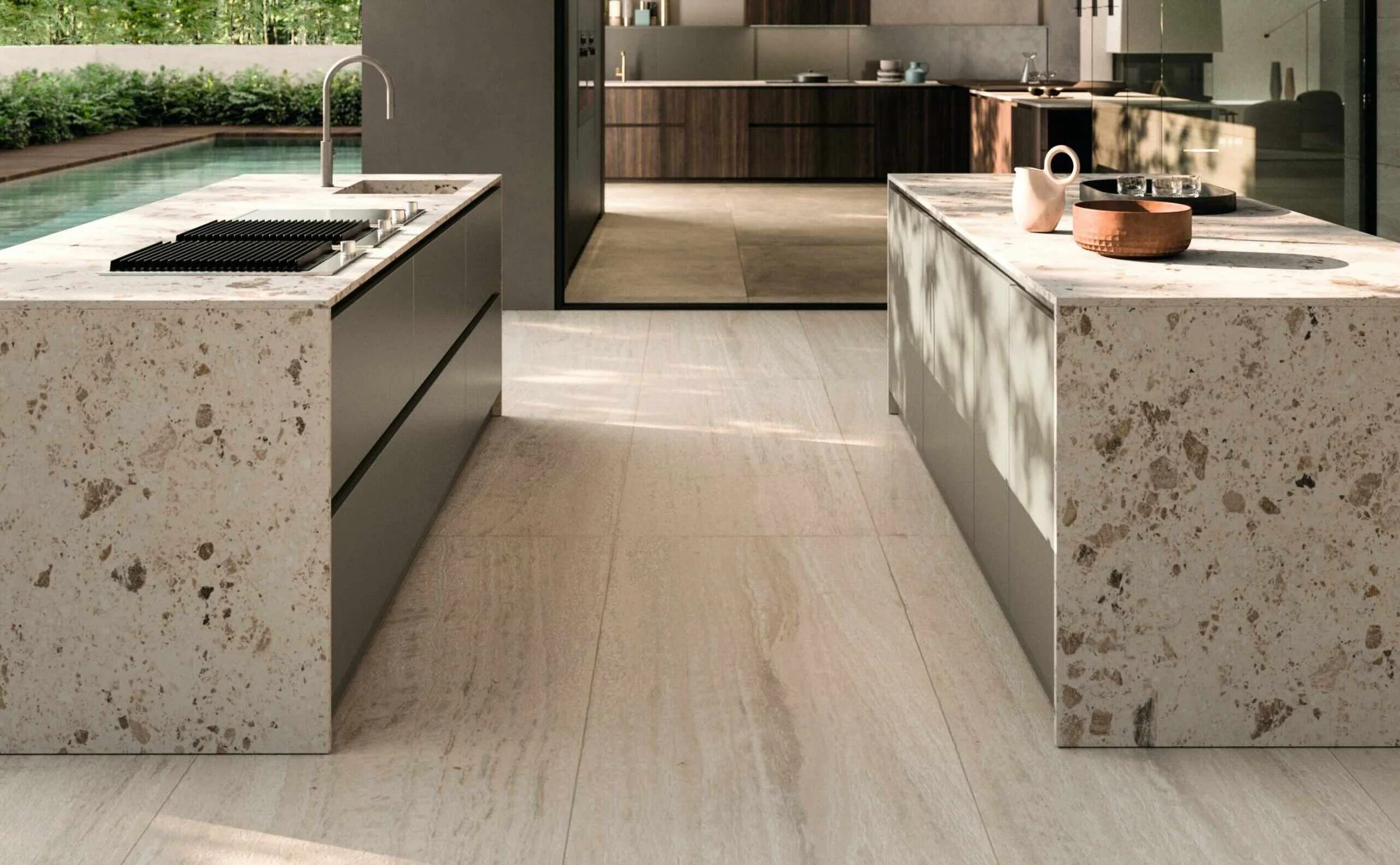 Antares Cucine Alluminio Outdoor Italian outdoor kitchen with double stone islands, available at ArkNova Interiors Cyprus