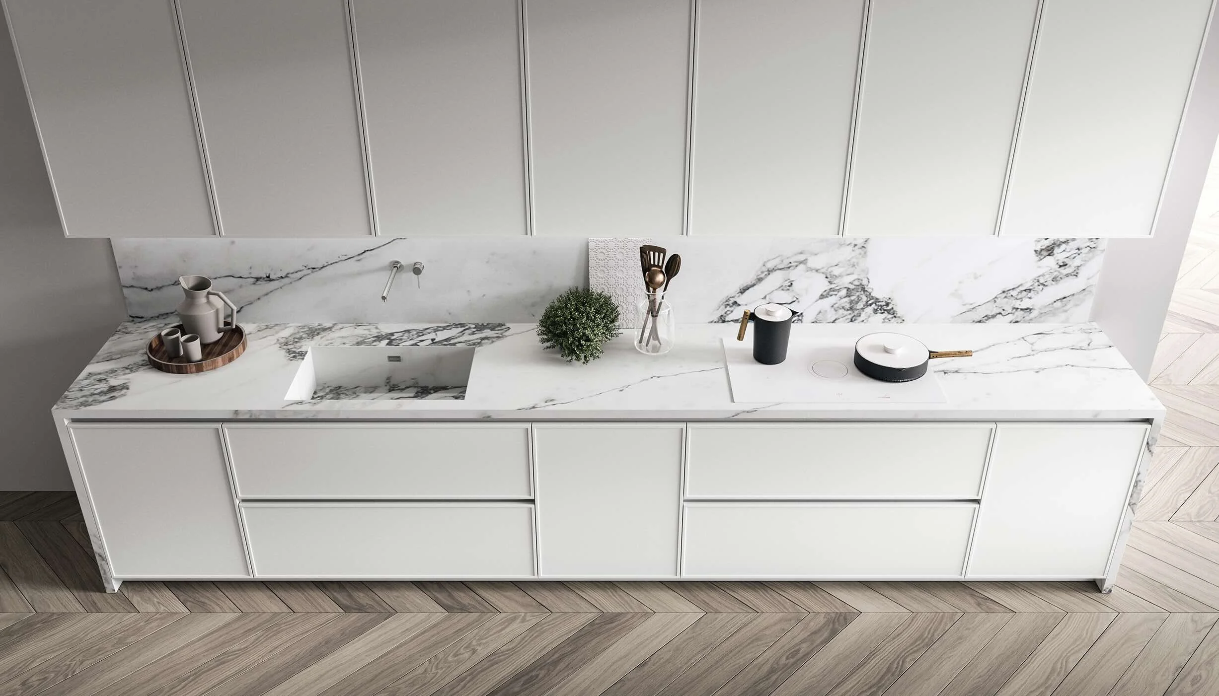 Antares Cucine TK 22 Italian kitchen countertop with undermount sink, induction cooktop and marble backsplash, Paphos Cyprus by ArkNova Interiors