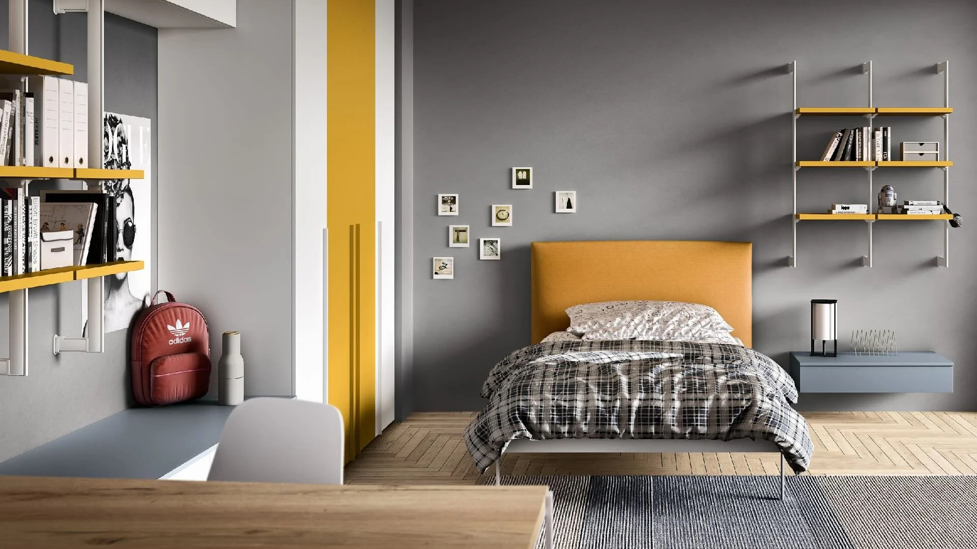 Siloma Set Y08 Italian kids bedroom with yellow accents, single bed and modular wall shelves – ArkNova Interiors Cyprus