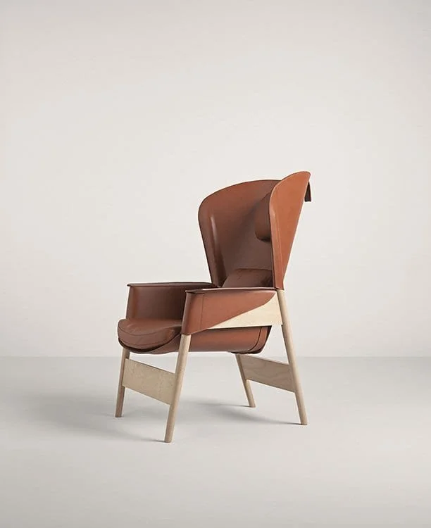 Frag Heta Italian brown leather high-back armchair with wood accent at ArkNova Interiors Paphos showroom in Cyprus