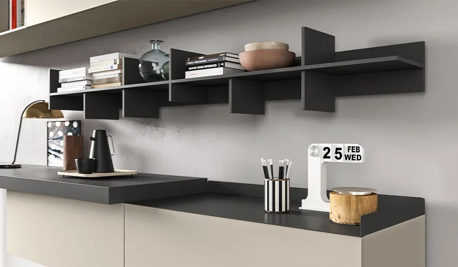 Italian Cinquepuntozero Manhattan 90 modern light floating wall shelf system at ArkNova Interiors Paphos showroom in Cyprus