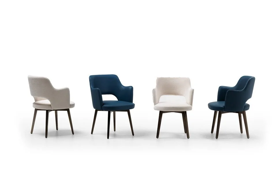 Albani Divani Melissa Italian fabric dining armchair in blue and beige with dark wood legs at ArkNova Interiors Paphos showroom in Cyprus