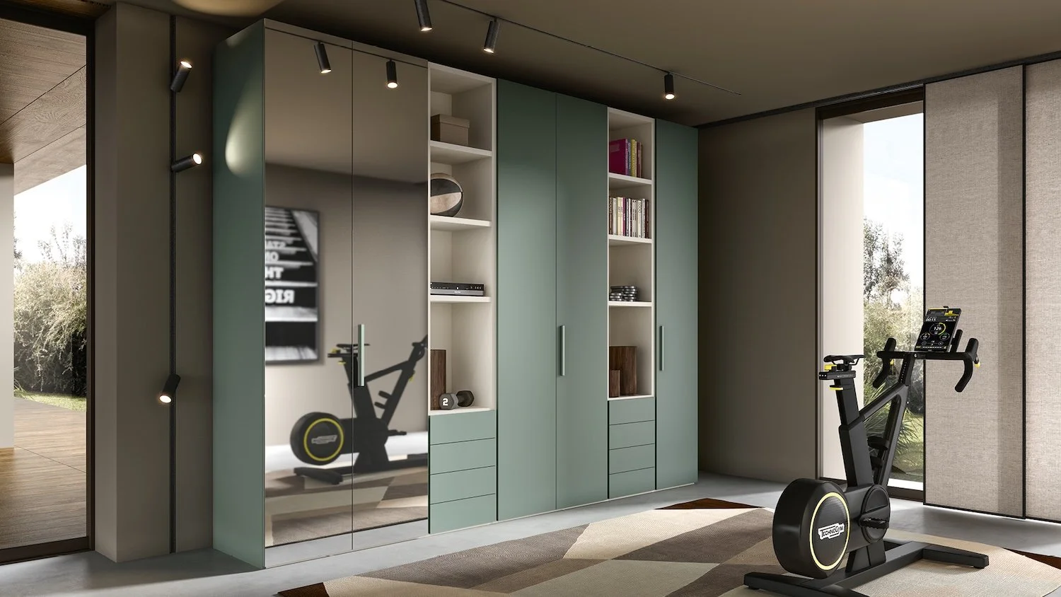 Italian Siloma home fitness wardrobe with mirror doors and integrated storage at ArkNova Interiors Paphos showroom in Cyprus