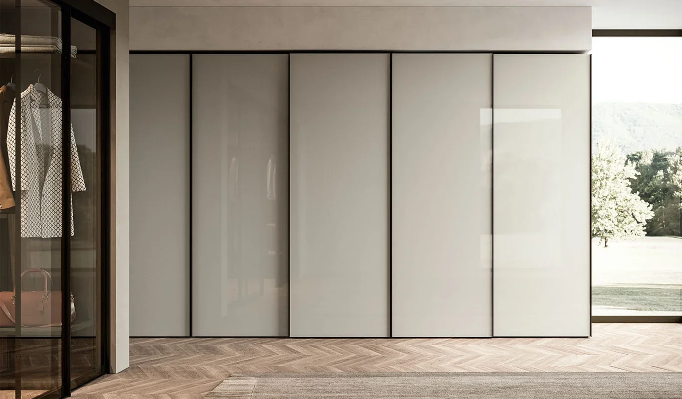 Italian Cinquepuntozero Simply Door minimalist hinged wardrobe doors in light finish at ArkNova Interiors Paphos Cyprus