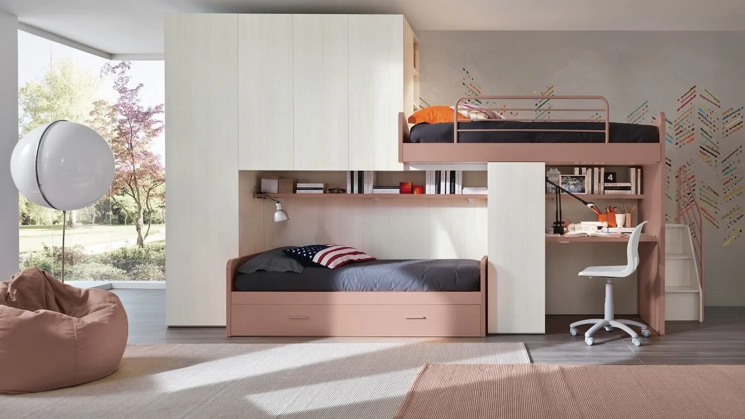 Italian Siloma Set K28 children's loft bed in pink with study desk and storage at ArkNova Interiors Paphos Cyprus