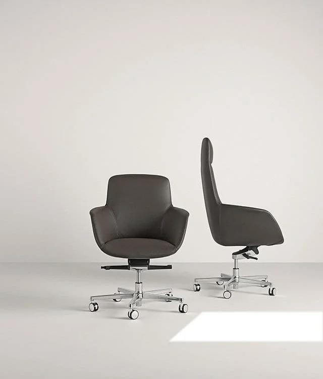 Frag Mea AR Italian gray leather office chair with swivel base and armrests at ArkNova Interiors Paphos showroom in Cyprus