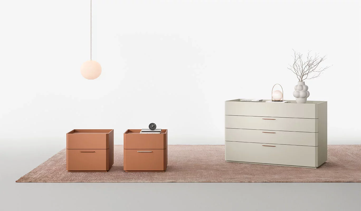 Italian Cinquepuntozero Smeraldo modern terracotta and beige bedroom dresser and nightstands at ArkNova Interiors Paphos showroom in Cyprus