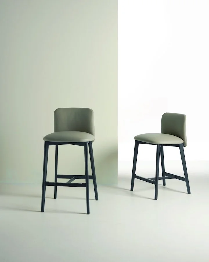Frag Siloe B Italian gray leather bar stools with black frame at ArkNova Interiors Paphos showroom in Cyprus