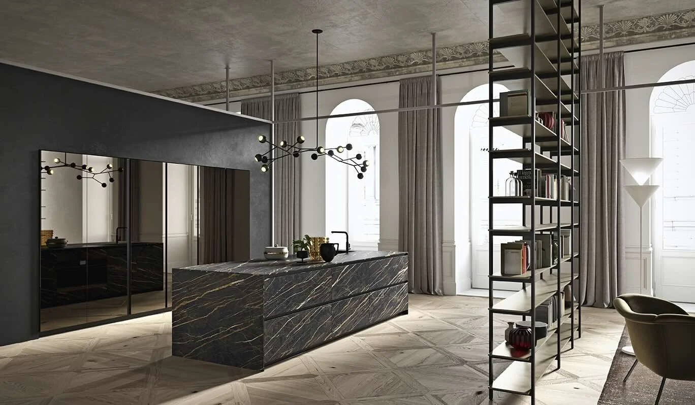 Antares Cucine SKILL FRAME Italian kitchen featuring black marble island, tall black metal shelving unit and large mirror wall, Paphos Cyprus – ArkNova Interiors