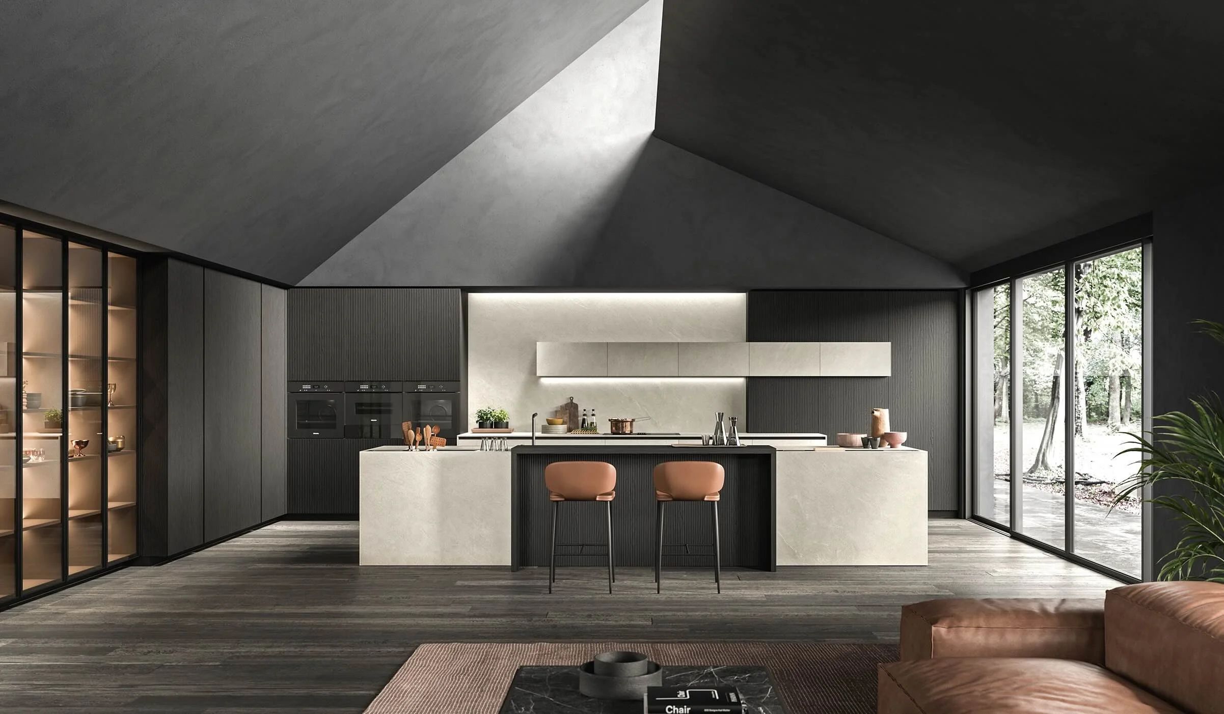 Antares Cucine Skill Box Italian open plan kitchen with central island, bar stools, sloped ceiling and skylight in a modern living space, designed and installed by ArkNova Interiors in Paphos Cyprus