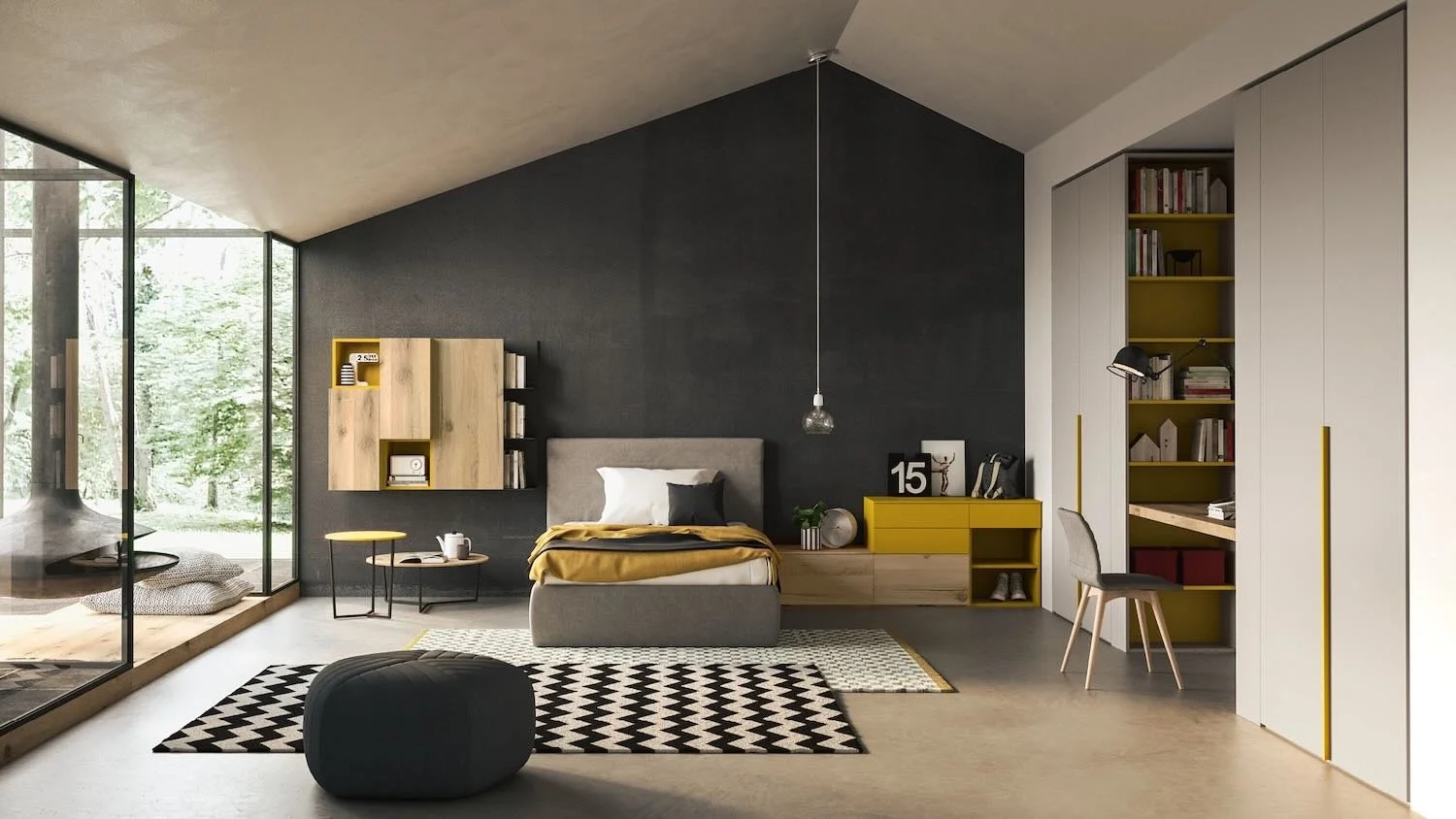 Italian Siloma Set Y04 modern young bedroom with gray bed, yellow storage and vibrant accents at ArkNova Interiors Paphos Cyprus