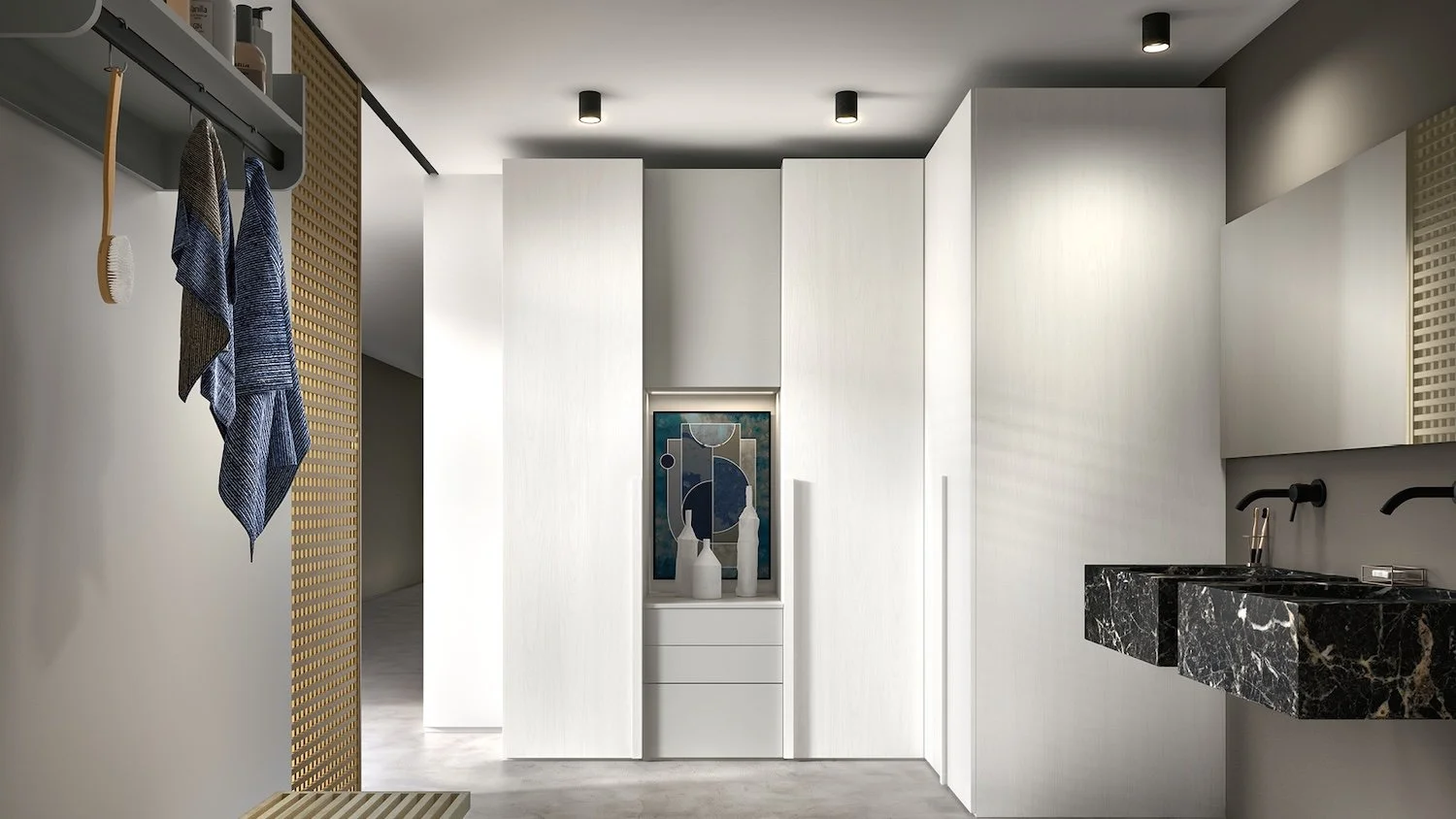 Italian Siloma modern bathroom wardrobe with clean white finish and smart storage at ArkNova Interiors Paphos showroom in Cyprus