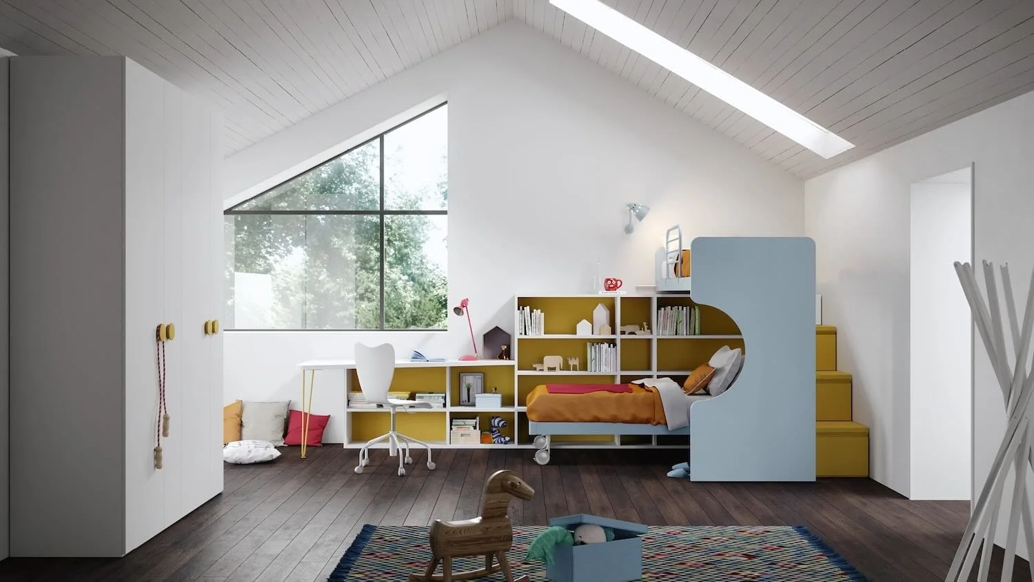 Italian Siloma Set K27 modern children's bunk bed with integrated desk and storage at ArkNova Interiors Paphos showroom in Cyprus