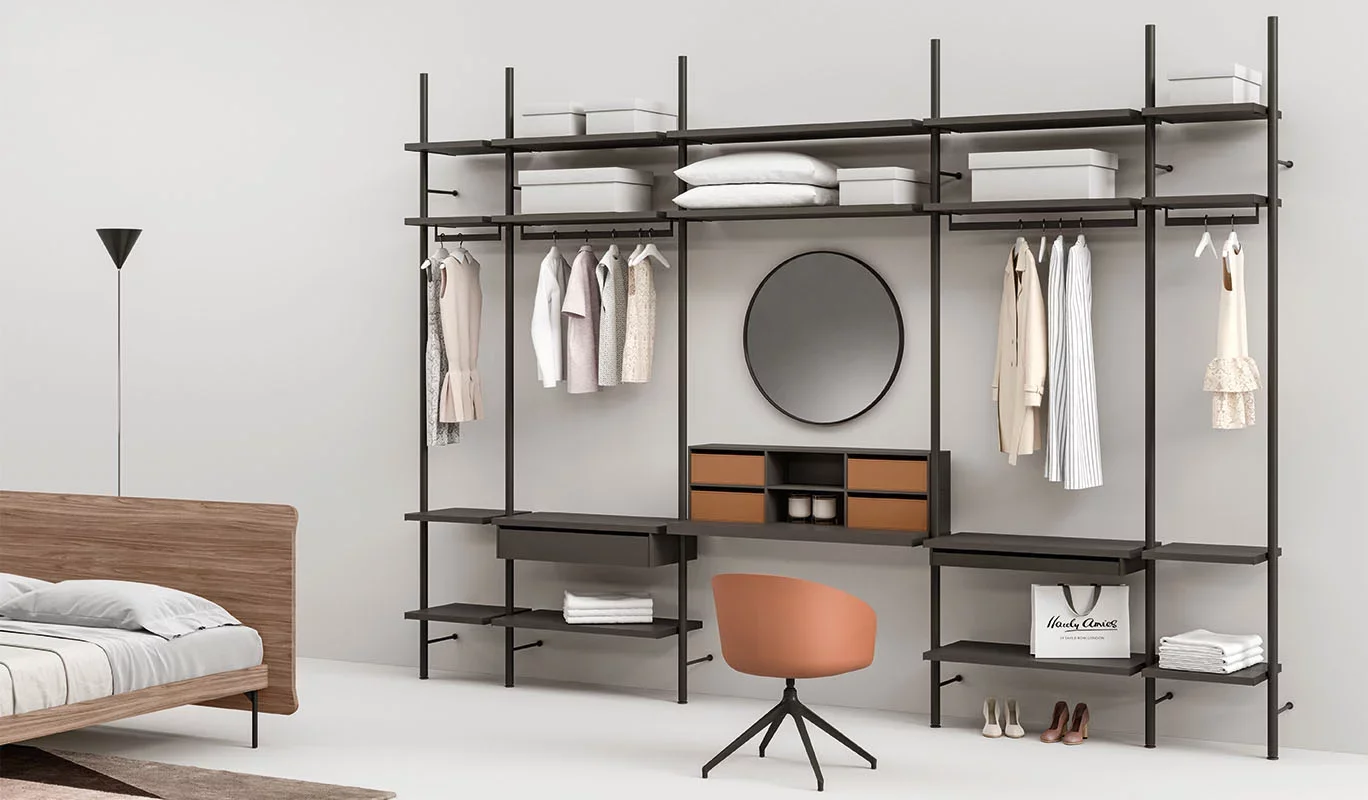 Italian Cinquepuntozero Sistema Palo open modular metal wardrobe system with desk at ArkNova Interiors Paphos Cyprus